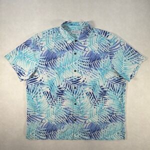 Tommy Bahama Mens 3XL Blue Tropical Palm Leaf Silk Blend Button Up Shirt